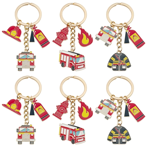 Kreatives Feuerwehrmann Feuerwehrauto Feuerlöscher Hydrant Metall Schlüsselanhänger Set Legierung Emaille Thema Geschenk Für Kinder