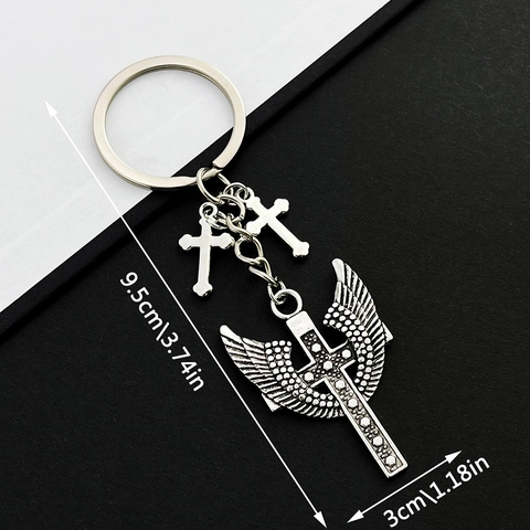 Porte-clés Croix Aile en Alliage de Zinc Argent Antique Vintage Gothique Punk Pendentif de Sac Bijoux Pour Hommes Femmes