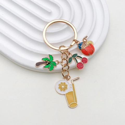Porte-Clés Émail Été Tropical Alliage de Zinc Palmier Cerise Boisson Coco Pendentif Jus Anneau de Clé Cadeau pour Femme
