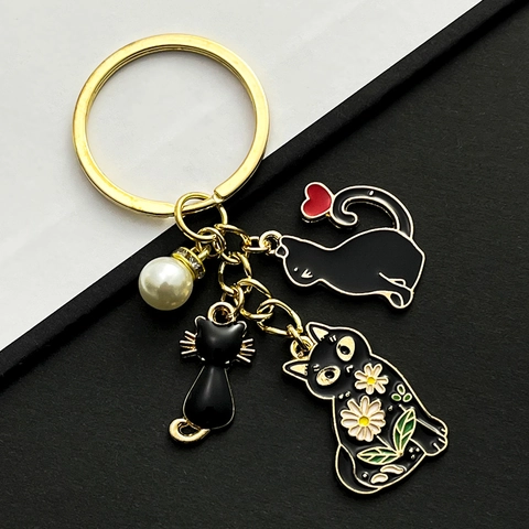Cartoon Emaille Schwarze Katze Schlüsselanhänger Damen Gold Metall Schlüsselring Mit Herz Gänseblümchen Und Kunstperle Tasche Anhänger Schmuck Geschenk