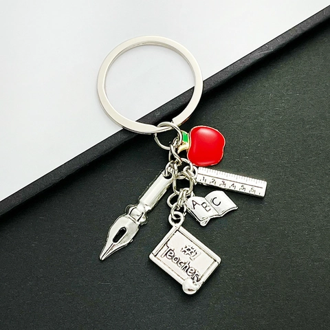 Porte-clés Créatif de Remerciement pour Enseignant Avec Pomme Rouge Règle Livre Plume de Stylo 1 Enseignant Papeterie Porte-clés Cadeau en Métal