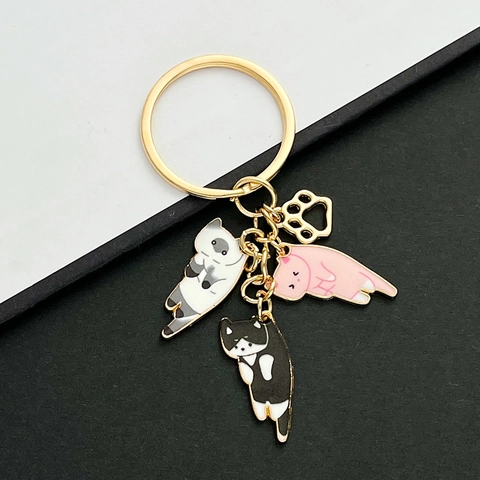 Emaille Cartoon Katze Schlüsselanhänger Mit Metall Pfote Anhänger Rosa Calico Und Schwarze Katze Anhänger Gold Schlüsselring