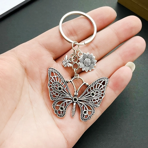 Vintage Antiksilber Hohl Schmetterling Biene Sonnenblume Zinklegierung Schlüsselanhänger Set Retro Taschenanhänger Für Damen Herren