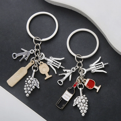 Llavero de Metal Creativo con Tema de Vino Con Colgantes Miniatura Botella Copa Uva Y Abridor Accesorios Para Bolso Coche Joyería Unisex