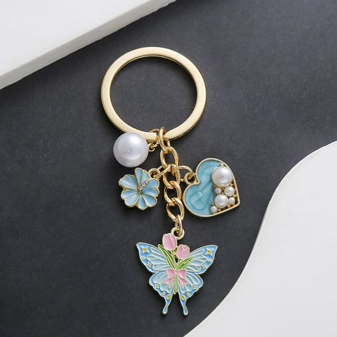 Emaille Vlinder Hart Sleutelhanger Kunstparel Bloem Hanger Zinklegering Vergoldet Tas Ornament Voor Dames Meisjes Cadeau