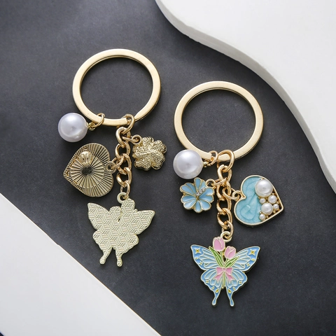 Emaille Vlinder Hart Sleutelhanger Kunstparel Bloem Hanger Zinklegering Vergoldet Tas Ornament Voor Dames Meisjes Cadeau