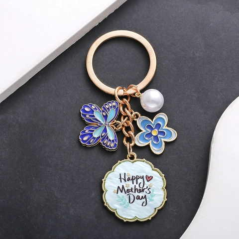 Regalo del Día de la Madre Llavero de Mariposa y Flor de Aleación de Zinc Oro Perla Artificial Happy Mother's Day Colgante Llavero