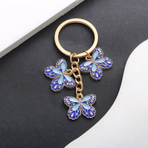 Blauer Emaille Schmetterling Schlüsselanhänger Zinklegierung Gold Vergoldet Dreifach Schmetterling Anhänger Schmuck Geschenk
