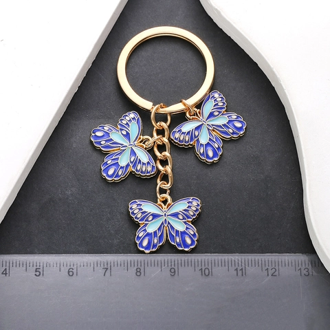 Blauer Emaille Schmetterling Schlüsselanhänger Zinklegierung Gold Vergoldet Dreifach Schmetterling Anhänger Schmuck Geschenk