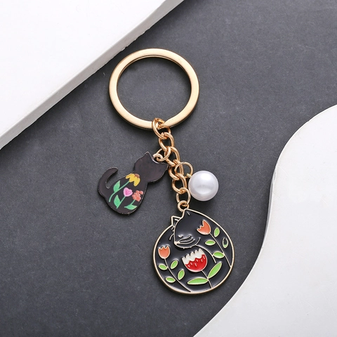 Süßer Schwarzer Katze Emaille Schlüsselanhänger Mit Künstliche Perle Blume Cartoon Tier Gold Metall Schlüsselring Für Damen