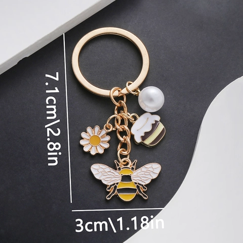 Lindo Llavero de Abeja Margarita Tarro de Miel Perla Artificial Aleación de Zinc Esmalte Floral Colgante de Bolso Mujer Regalo