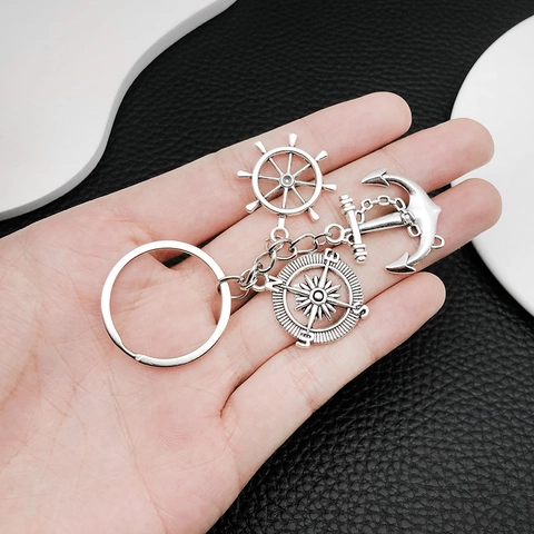 Antiksilberner Nautischer Schlüsselanhänger Zinklegierung Anker Kompass Steuerrad Schlüsselring Taschenanhänger Autoanhänger Schmuck Geschenk Herren Damen