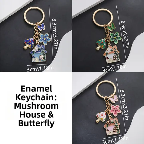 Cute Enamel Mushroom House Butterfly Keychain Sweet Zinc Alloy Flower Pendant Keyring For Women Bag Hanging Ornament Gift