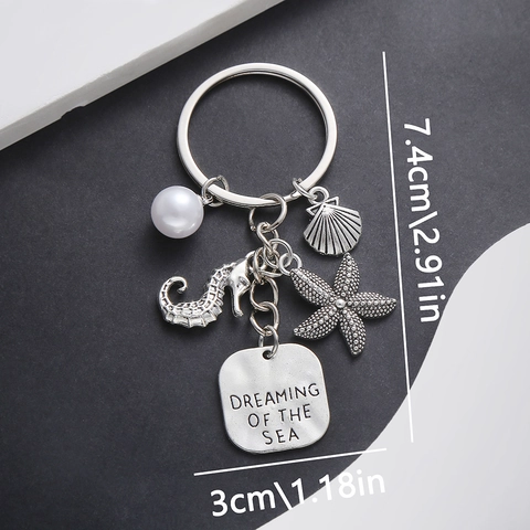 Llavero de Plata Antigua Caballito de Mar Estrella de Mar Concha Perla Artificial Plaqueta de Metal Tema Océano Adorno para Bolso