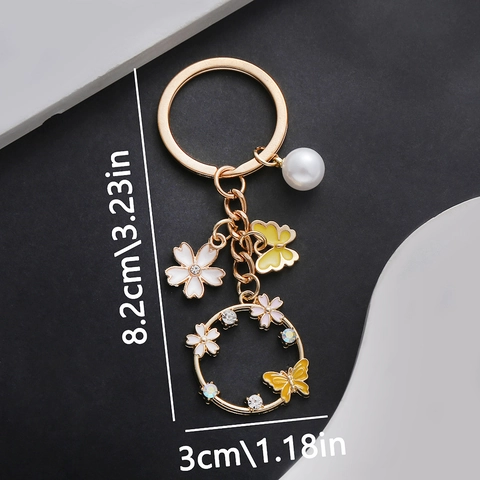 Gelb Emaille Schmetterling Blume Schlüsselanhänger Mit Künstliche Perle Strass Gold Legierung Tasche Anhänger Schmuck Für Damen