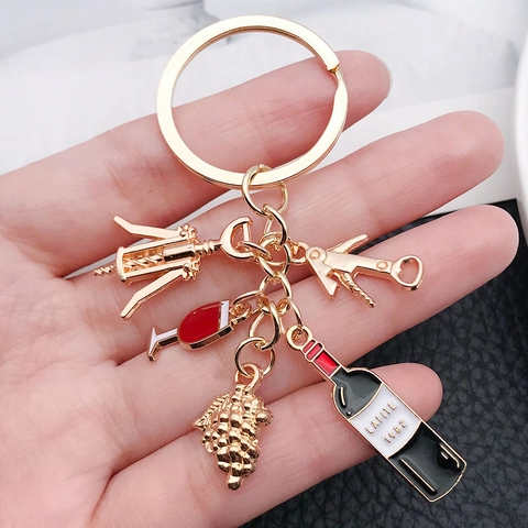 Wein Thema Metall Schlüsselanhänger Mit Rotweinflasche Glas Trauben Flaschenöffner Charms Kreative Tasche Anhänger Schmuck Geschenk