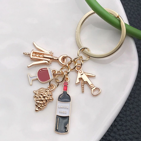Wein Thema Metall Schlüsselanhänger Mit Rotweinflasche Glas Trauben Flaschenöffner Charms Kreative Tasche Anhänger Schmuck Geschenk