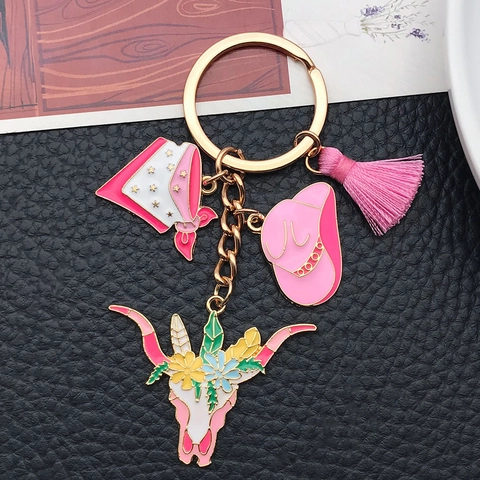 Portachiavi Cowboy Occidentale Teschio di Toro Floreale Nappa Smalto Lega di Zinco Rosa Marrone Boho Gioielli