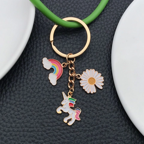 Cartoon Unicorn Rainbow Daisy Keychain Zinc Alloy Enamel Drip Oil Key Ring Cute Bag Pendant Ornament For Women Girls Gift