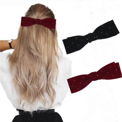 Pinza para el Cabello de Lazo de Doble Capa de Terciopelo Vintage Lunares Strass Dulce Horquilla de Princesa para Mujer Niña
