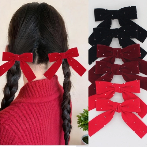 Pinzas para el Pelo Vintage de Terciopelo con Lazos Brillantes Perlas Artificiales Dulce Clip Lateral Accesorios para el Cabello Mujer
