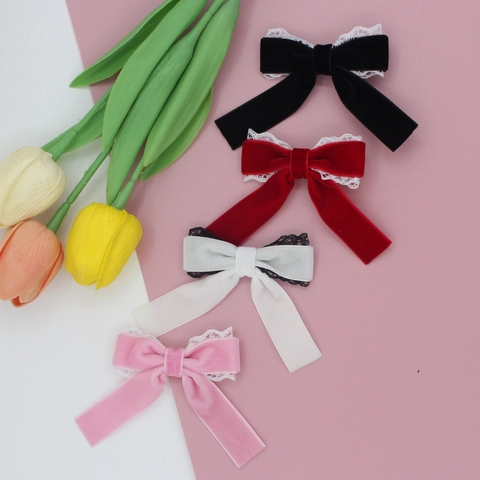 Pinzas para el Cabello con Lazo de Terciopelo y Encaje Hechas a Mano Par Simple Retro Princesa Flequillo Clip Mujer Niñas Accesorios