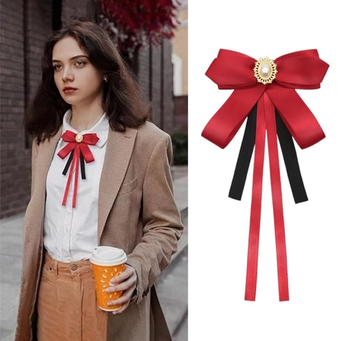Preppy Vintage Satin Schleife Brosche Für Damen Mädchen Akademie Stil Bowknot Pin Mit Künstliche Perle Strass Hemd Uniform Zubehör