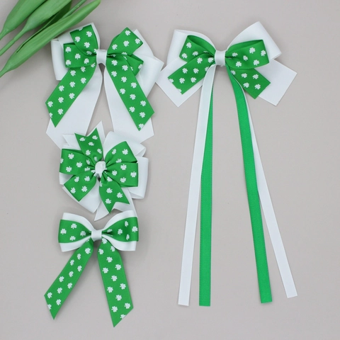 Pinza para el Cabello con Lazo de Cinta y Patrón de Trébol del Día de San Patricio para Niñas Mujeres Verde Blanco Accesorio Festivo