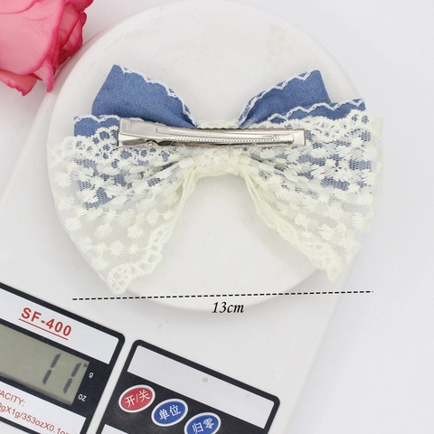 Retro Denim Lace Bow Knot Hair Clip Sweet Girl Horse Tail Clip Fabric Scalloped Edge Alligator Clip Hair Accessories