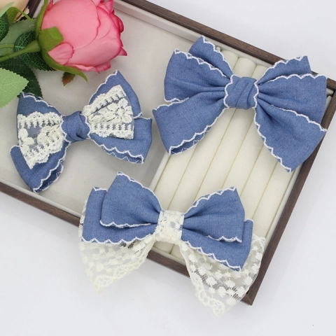 Retro Denim Lace Bow Knot Hair Clip Sweet Girl Horse Tail Clip Fabric Scalloped Edge Alligator Clip Hair Accessories