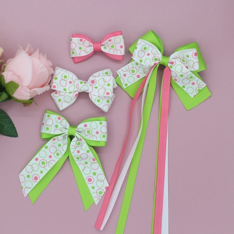 Dolci Accessori per Capelli con Fiocco in Grosgrain per Ragazze con Stampa a Cerchi Rosa Verde Cerchietto e Fermagli per Bambine