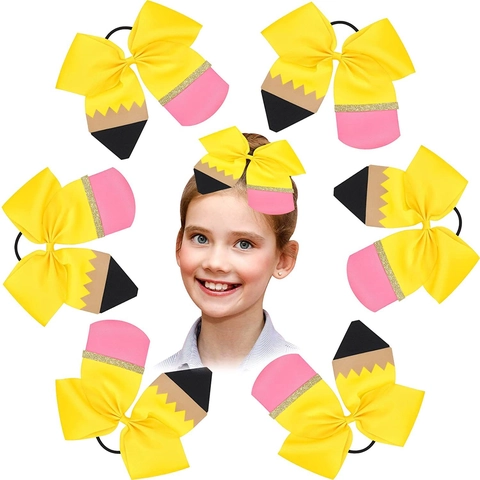 5 Inch Potlood Vorm Strik Haarelastiek Voor Kinderen Meisjes Terug Naar School Grosgrain Lint Glitter Haaraccessoire Elastische Haarband