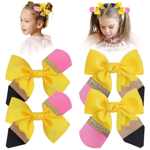 Potloodvormige Haarstrik Krokodillenklem Voor Kinderen Grosgrain Lint Glitter Terug Naar School Meisjes Accessoires Creatief