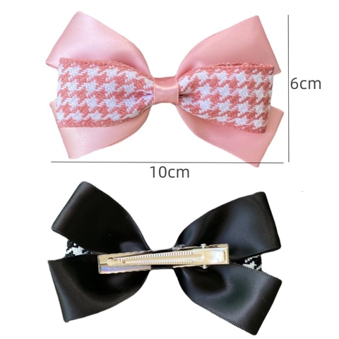 Vintage Dubbellaagse Hahnentritt Strik Haarspeld Satijn Lint Handgemaakt Elegant Haaraccessoire Voor Dames Meisjes Dagelijks