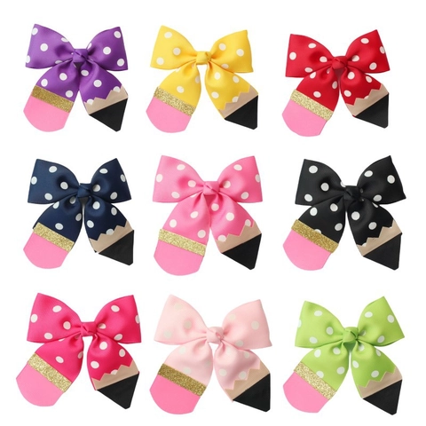 Handgefertigte Bleistift Schleife Haarclips Für Mädchen Schulanfang Punktemuster Grosgrain-Band Krokodilklemmen Kreative Haar-Accessoires