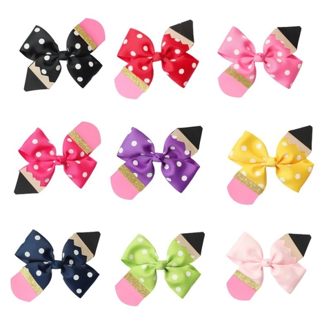 Handgefertigte Bleistift Schleife Haarclips Für Mädchen Schulanfang Punktemuster Grosgrain-Band Krokodilklemmen Kreative Haar-Accessoires