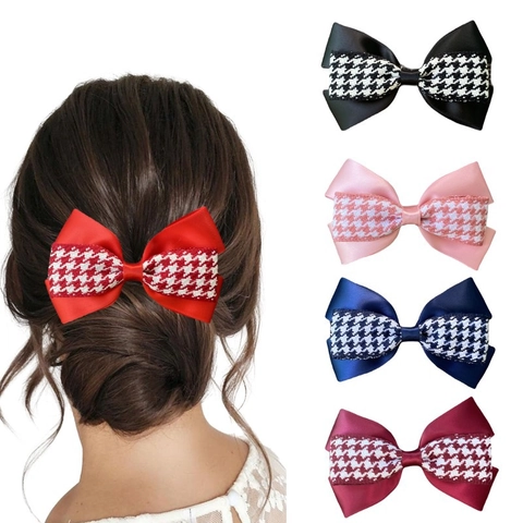Vintage Dubbellaagse Hahnentritt Strik Haarspeld Satijn Lint Handgemaakt Elegant Haaraccessoire Voor Dames Meisjes Dagelijks