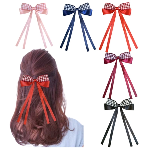 Elegante Hahnentritt Strik Haarclip Voor Dames Lange Satijn Linten Handgemaakt Zoet Frans Retro Mode Haaraccessoires