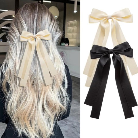 Satin Bow Hair Clip With Long Streamers For Women French Vintage Elegant Large Bowknot Hair Accessory Alligator Clip