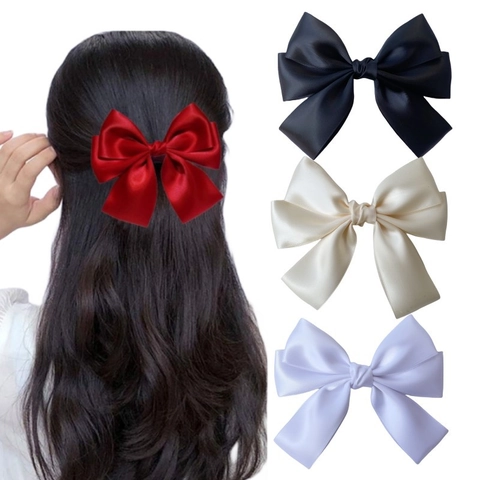 Large Satin Bow Hair Clip Sweet Elegant Solid Color Silky Oversized Bow Hair Accessory For Women Handmade Alligator Clip