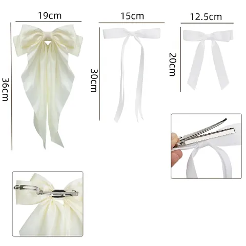 Satin Bow Hair Clips Set With Long Ribbons Solid Black Off-white Handmade Elegant Hair Accessories For Women Girls Wedding Party