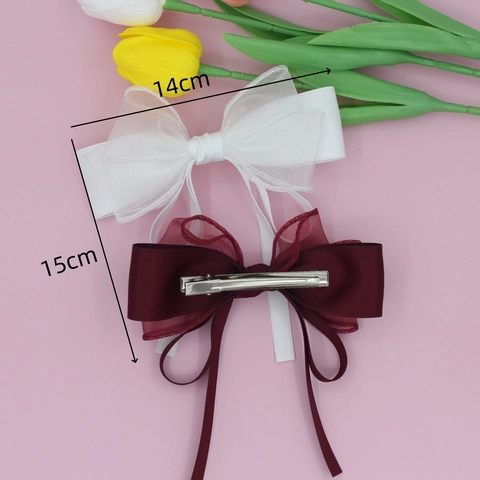 Dulce Pinza para el Pelo con Lazo de Malla de Doble Capa con Cintas Largas Elegante Pinza de Cocodrilo de Satén Organza Accesorios para el Cabello Mujeres Niñas
