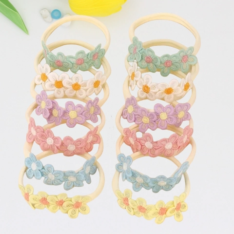 Sweet Baby Girls Flower Embroidered Headband Elastic Fabric Hair Ties Princess Hair Accessories For Newborns Toddlers