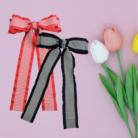 Französisch Hahnentritt Schleife Haarspange Mit Langer Band Streamer Elegante Rüschenkante Krokodilklemme Haarschmuck Für Damen Mädchen