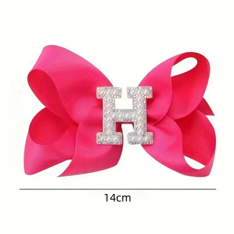 Grande Fiocco per Capelli in Nastro Grosgrain Fucsia Con Lettera Alfabeto Strass Perla Artificiale Bambini Ragazze