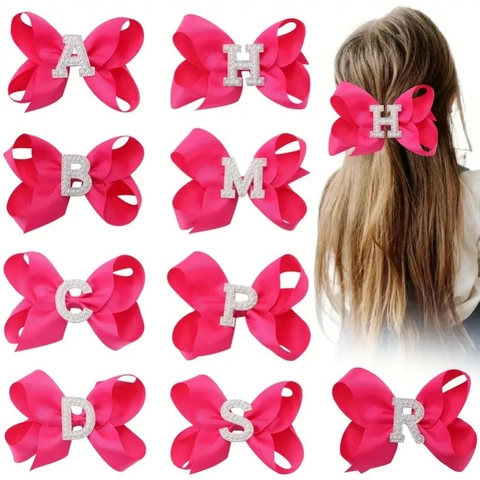 Grande Fiocco per Capelli in Nastro Grosgrain Fucsia Con Lettera Alfabeto Strass Perla Artificiale Bambini Ragazze