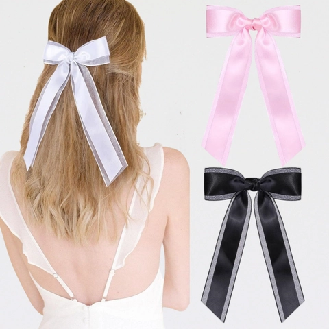Pinza para el Pelo con Lazo de Doble Capa de Satén y Organza Con Cintas Largas Elegante Horquilla de Princesa Francesa para Mujer Niña Fiesta