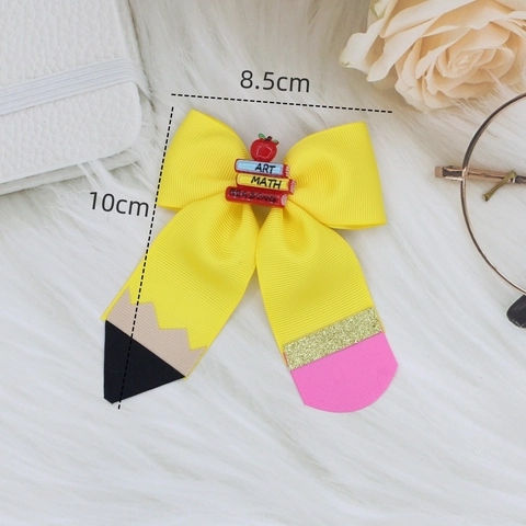 Regreso a Clases Amarillo Cinta de Grosgrain Lazo Pinza para el Cabello Niños Niñas Lápiz Tema Mini Libros Pizarra Manzana Pinza Cocodrilo