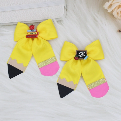 Regreso a Clases Amarillo Cinta de Grosgrain Lazo Pinza para el Cabello Niños Niñas Lápiz Tema Mini Libros Pizarra Manzana Pinza Cocodrilo
