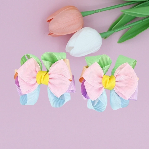 Kids Rainbow Layered Grosgrain Ribbon Bow Hair Clips Girls Sweet Macaron Color Butterfly Crocodile Clip Hair Accessories